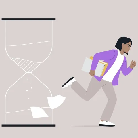 SLP student running next to sand timer